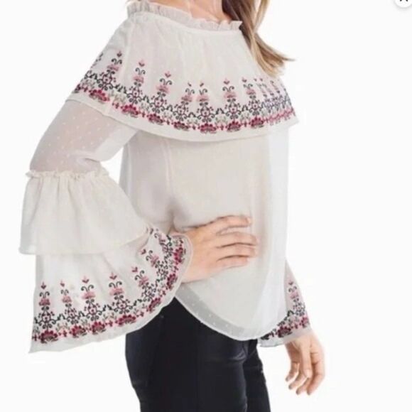 White House Black Market Off the Shoulder Embroidered Swiss Dot Blouse Medium - Picture 2 of 8
